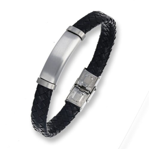 Bracciale uomo in cuoio nero intercciato con piastrina