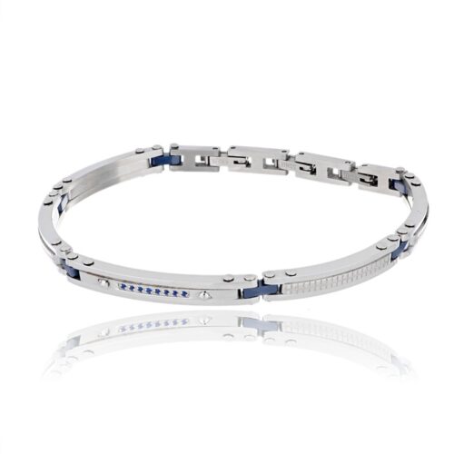 Bracciale uomo acciaio con targhe e ceramica blu