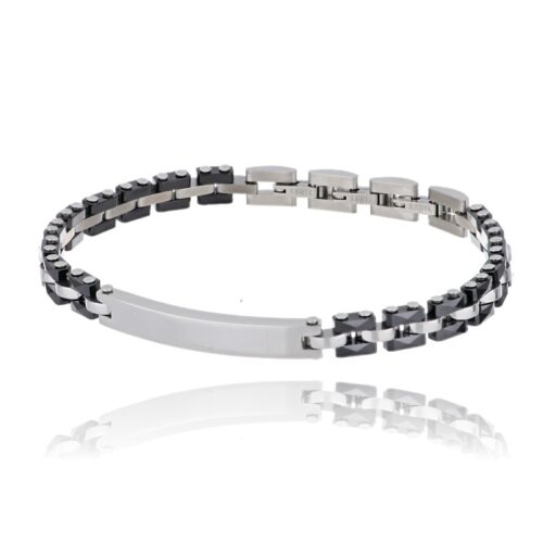 Bracciale uomo in accaio con piastrina e ceramica nera