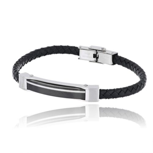 Bracciale uomo in cuoio con piastrina nera