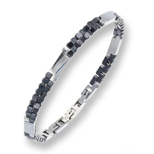 Bracciale uomo in acciaio ceramica nera placche bianche