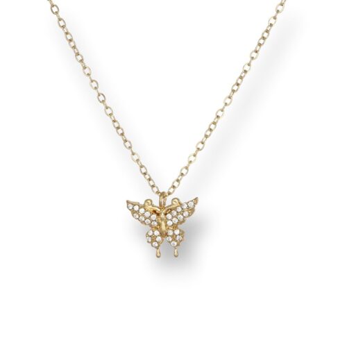 Collana donna in acciaio con farfalla e pietre bianche dorat